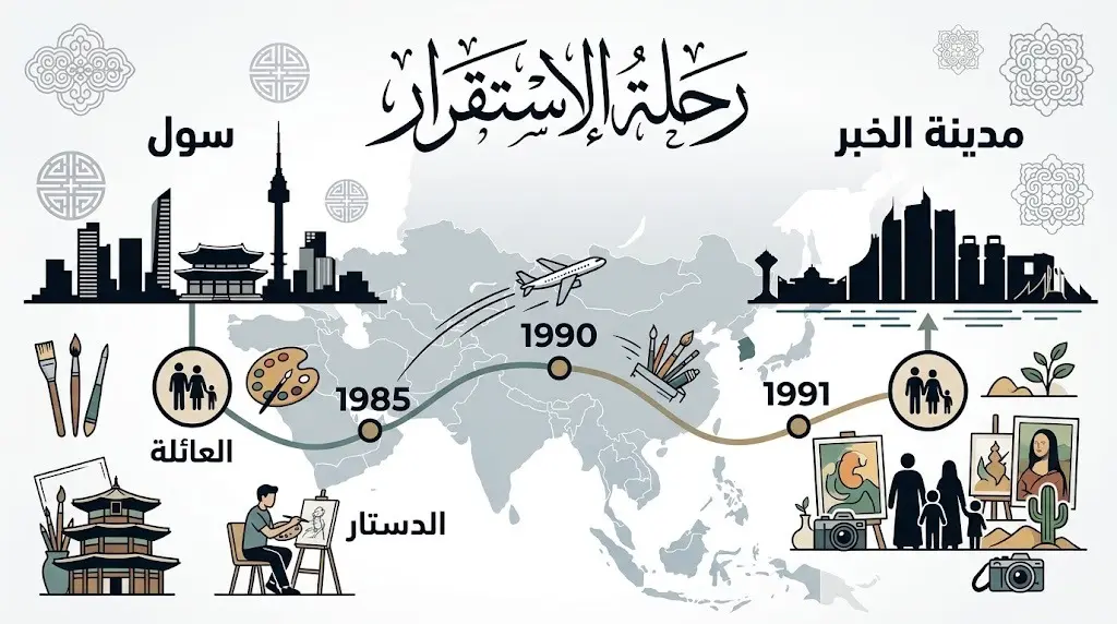 إنفوجرافيك زمني إبداعي يوضح مسار استقرار الفنان كيم سنغباي وعائلته من العاصمة الكورية سول إلى مدينة الخبر السعودية.