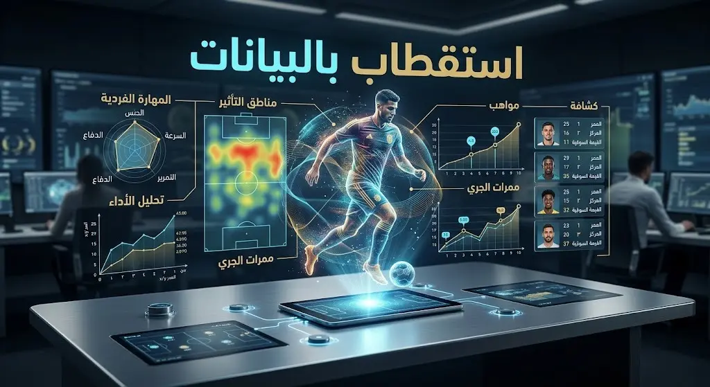 عرض بصري مستقبلي يدمج بين كرة القدم وتقنيات تحليل البيانات الذكية لاكتشاف وتقييم المواهب الرياضية