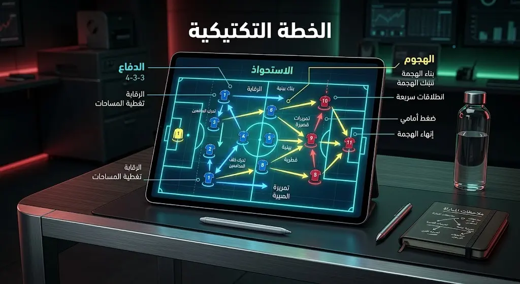 تصميم فني للوحة تكتيكات كرة قدم رقمية مضيئة تظهر خطط اللعب والأسلوب الهجومي المنظم.