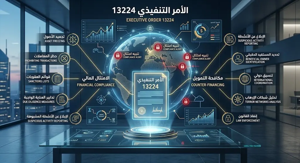 تصميم تعبيري يمثل الأمر التنفيذي الأمريكي 13224 والامتثال المالي الدولي.