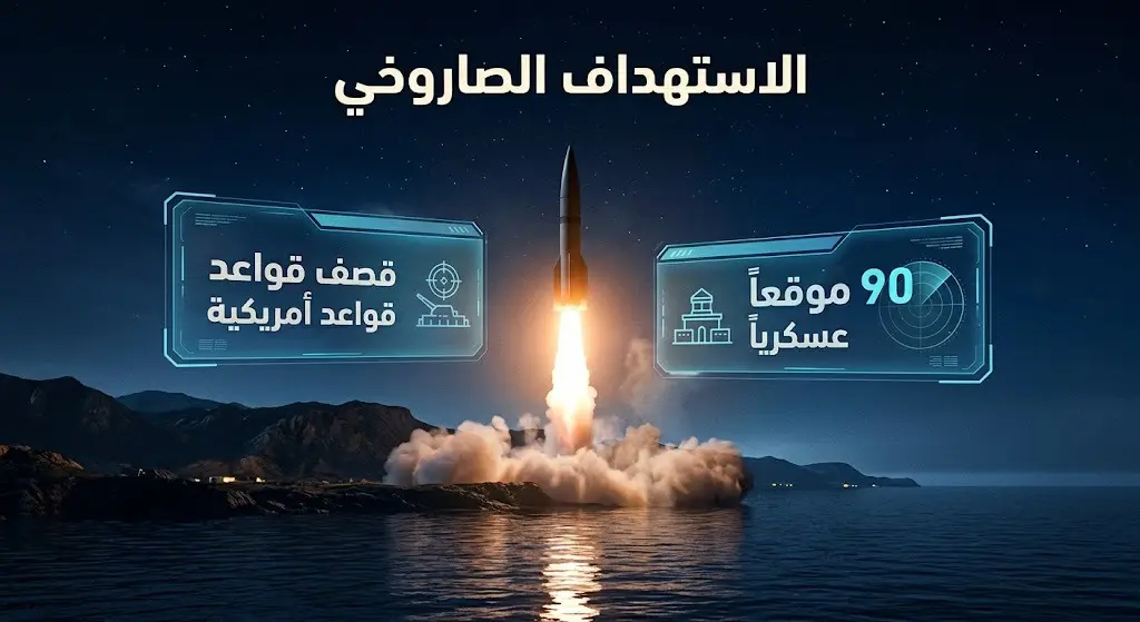 تصميم يدمج مشهداً درامياً لإطلاق صواريخ عسكرية مع لوحات بيانات تلخص التصعيد المتبادل.