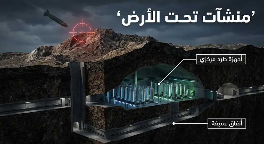 مقطع عرضي ثلاثي الأبعاد يوضح المنشآت النووية الإيرانية المحصنة في أنفاق جبلية عميقة مع علامات استهداف عسكري.