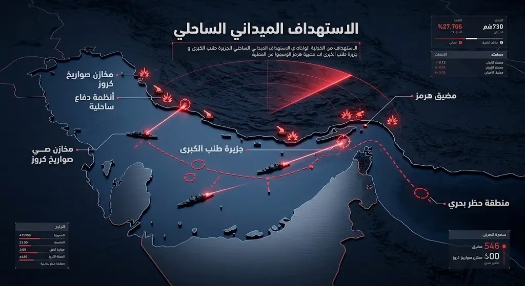 إنفوجرافيك يوضح مواقع الاستهداف الميداني الساحلي لأنظمة الدفاع ومنصات إطلاق الصواريخ في جزيرة طنب الكبرى ومضيق هرمز.