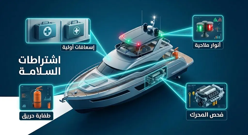 إنفوجرافيك يوضح الاشتراطات الأربعة الأساسية لسلامة الوسائط البحرية قبل الإبحار، وتشمل الإسعافات الأولية وطفاية الحريق والأنوار الملاحية وكفاءة المحرك.