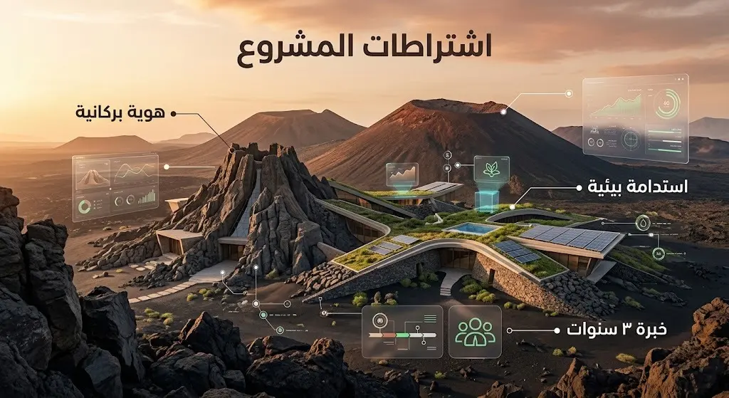 تصميم بصري وإنفوجرافيك يستعرض الاشتراطات البيئية والتنفيذية لمشروع جبل أم نثيلة، مبرزاً أهمية الحفاظ على الهوية البركانية والاستدامة البيئية.