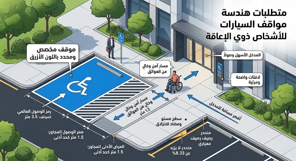 رسم توضيحي ثلاثي الأبعاد يبين الاشتراطات الهندسية لمواقف السيارات المخصصة للأشخاص ذوي الإعاقة ومسارات الوصول الآمنة.