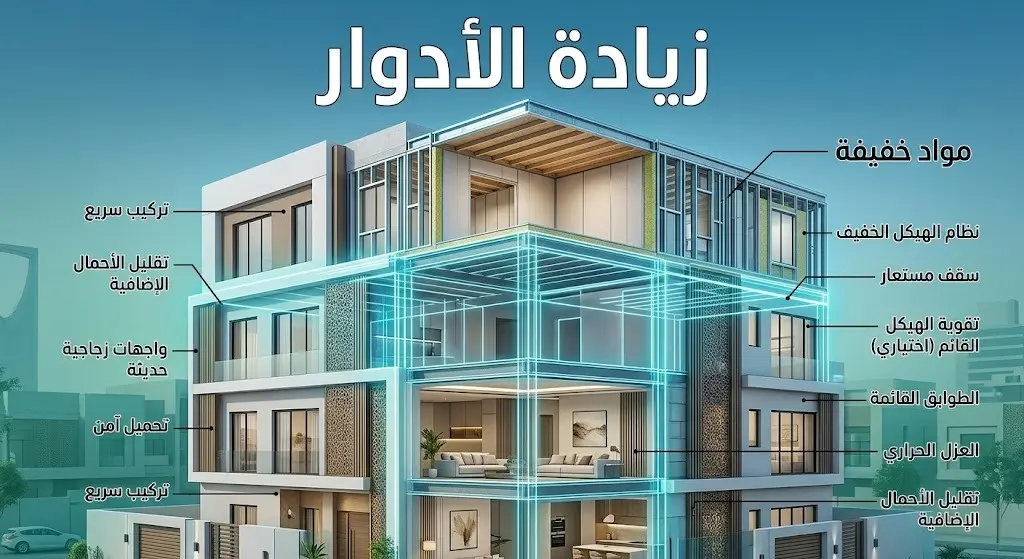 رسم توضيحي معماري يظهر كيفية إضافة أدوار علوية للمباني القائمة بأمان باستخدام مواد خفيفة الوزن دون الإضرار بالهيكل الأصلي.