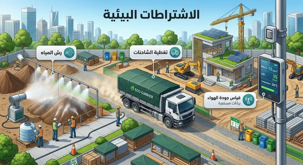 رسم توضيحي للمتطلبات البيئية في المشاريع الإنشائية للحد من الغبار مثل رش المياه وتغطية الشاحنات وتركيب حساسات الهواء.