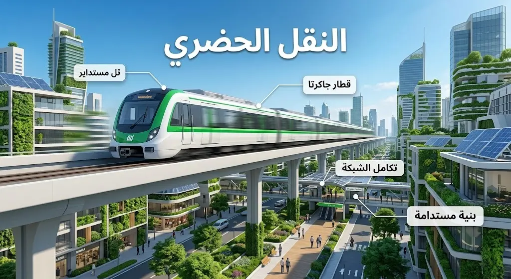 عرض مرئي ثلاثي الأبعاد لقطار نقل حضري حديث وسط مدينة ذكية، يمثل مشروع قطار جاكرتا (MRT) وتكامل البنية التحتية.