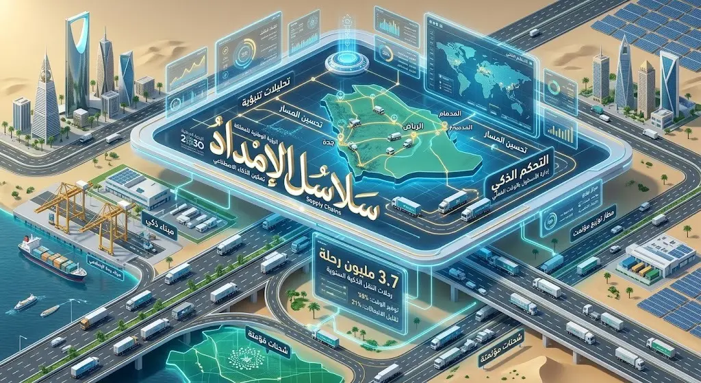إنفوجرافيك عصري يبرز استخدام الذكاء الاصطناعي ومراكز التحكم الذكية في قطاع الطرق لتسهيل حركة الشاحنات وسلاسل الإمداد.