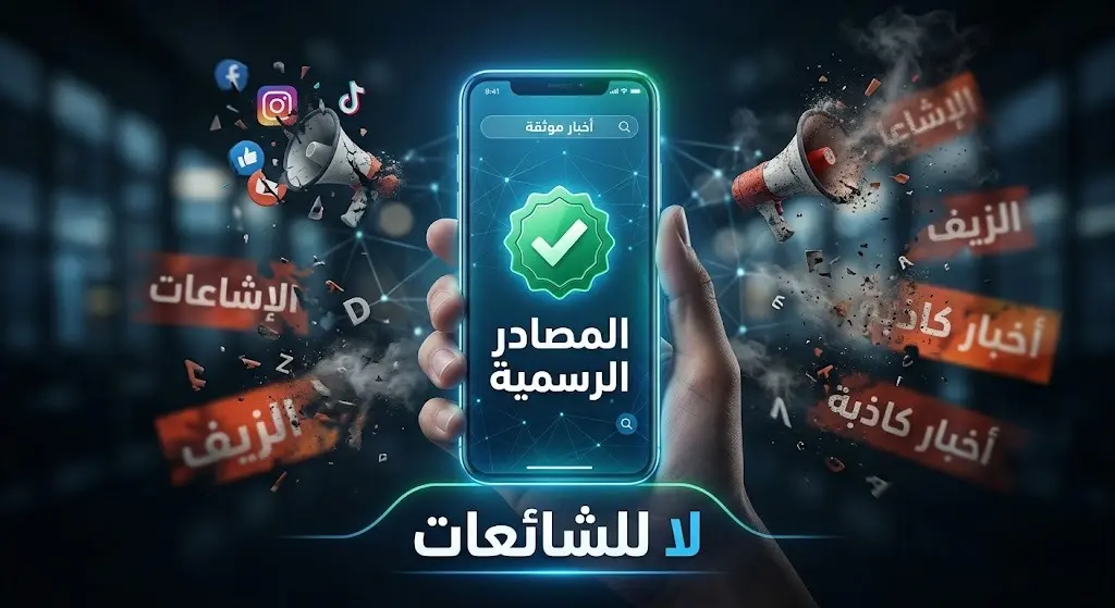 تصميم بصري يحذر من الشائعات ويؤكد على أهمية استقاء الأخبار من المصادر والجهات الرسمية الموثوقة.