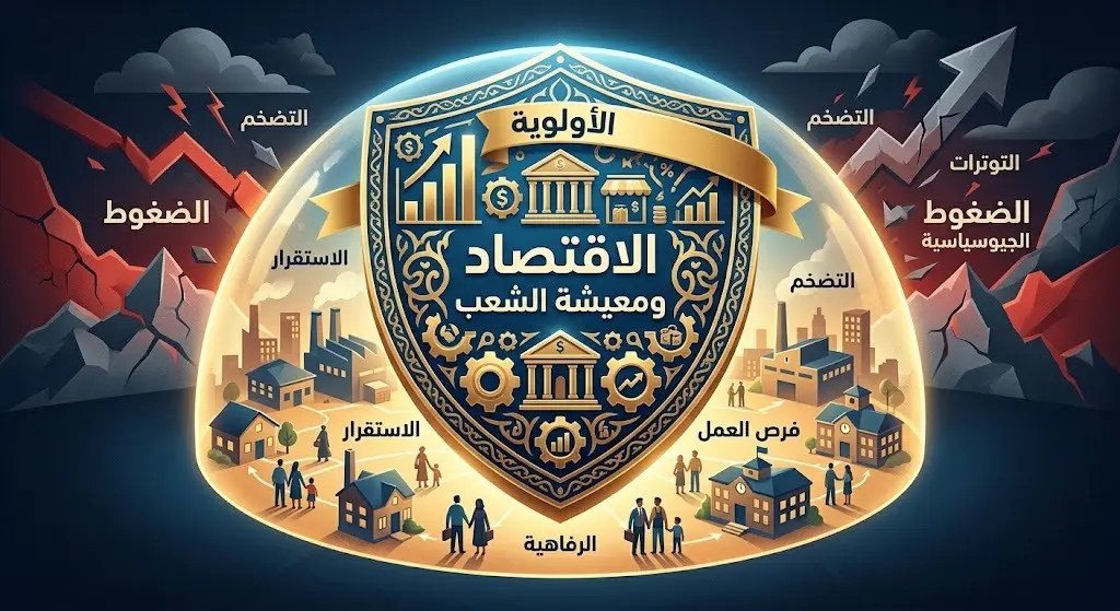 تصميم إنفوجرافيك يوضح الاقتصاد الإيراني ومعيشة الشعب كدرع وخط دفاع رئيسي في مواجهة التحديات والضغوط الخارجية.