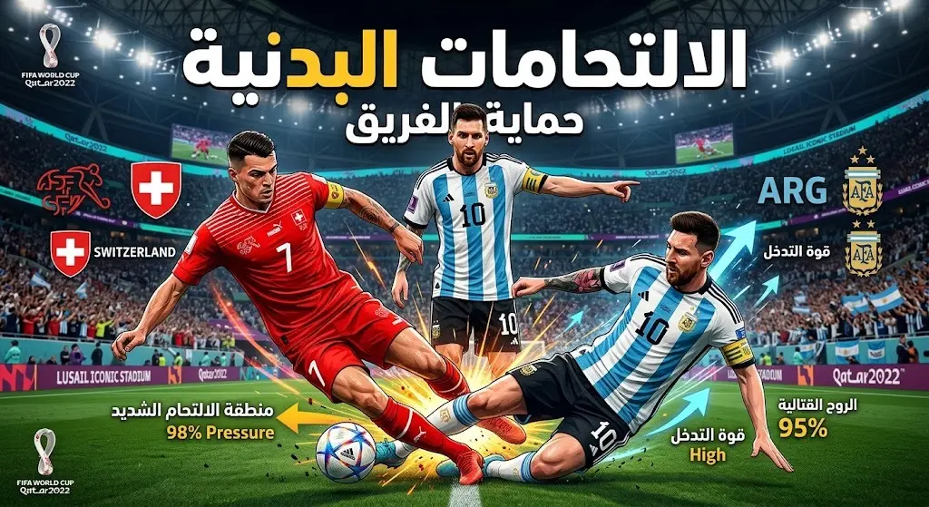 إنفوجرافيك يبرز قوة الالتحامات البدنية بين لاعبي سويسرا والأرجنتين ودور ميسي في حماية زملائه.
