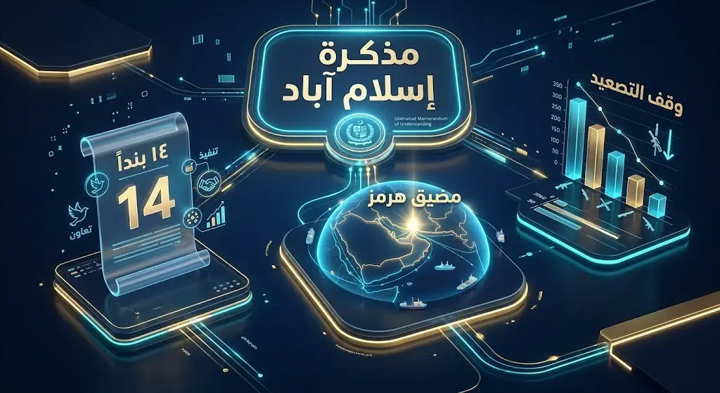 إنفوجرافيك يستعرض بنود وأهداف مذكرة تفاهم إسلام آباد للتهدئة وضمان أمن مضيق هرمز.
