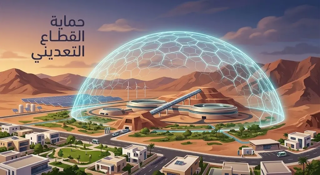 تصميم تعبيري إبداعي يجسد التزام قطاع التعدين بالاستدامة والأنظمة، من خلال درع افتراضي مضيء يغطي منشأة تعدين متطورة ومجتمعات مجاورة في إشارة للحماية والموثوقية.
