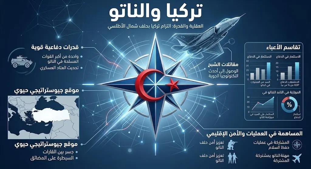 إنفوجرافيك احترافي يبرز دور تركيا والتزاماتها العسكرية داخل حلف الناتو مع ظهور طائرة إف-35.