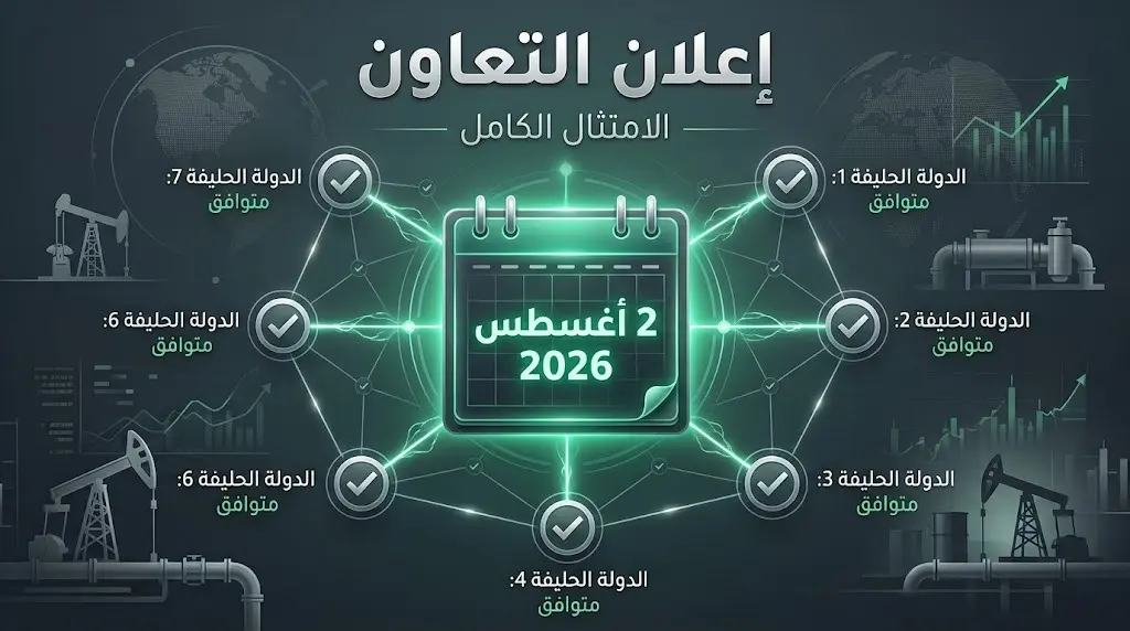 تصميم يبرز موعد الاجتماع القادم لدول أوبك بلس في 2 أغسطس 2026 لمراقبة الامتثال وتعديلات الإنتاج.