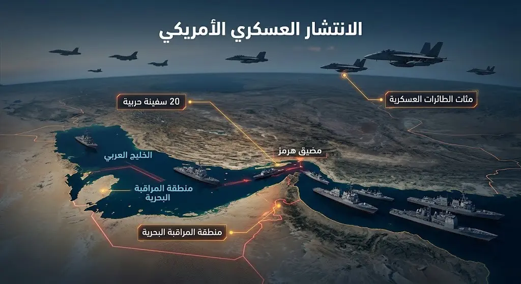 إنفوجرافيك يوضح حجم الانتشار العسكري الأمريكي لتنفيذ الحصار البحري في منطقة الشرق الأوسط، موضحاً تمركز 20 سفينة حربية ومئات الطائرات العسكرية.