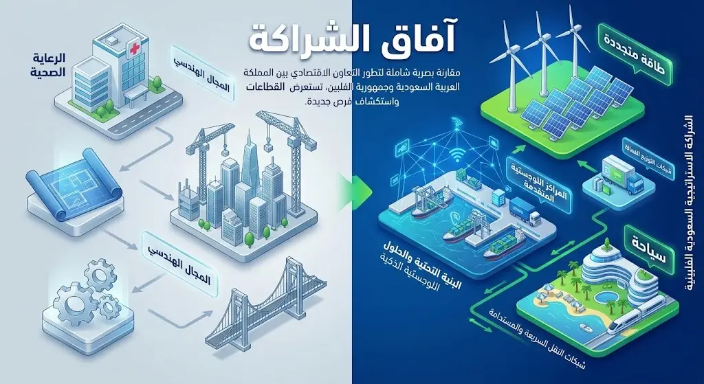 تصميم إنفوجرافيك يوضح انتقال العلاقات السعودية الفلبينية من قطاعات العمالة التقليدية كالصحة والبناء إلى شراكات حديثة في الطاقة المتجددة والخدمات الرقمية.
