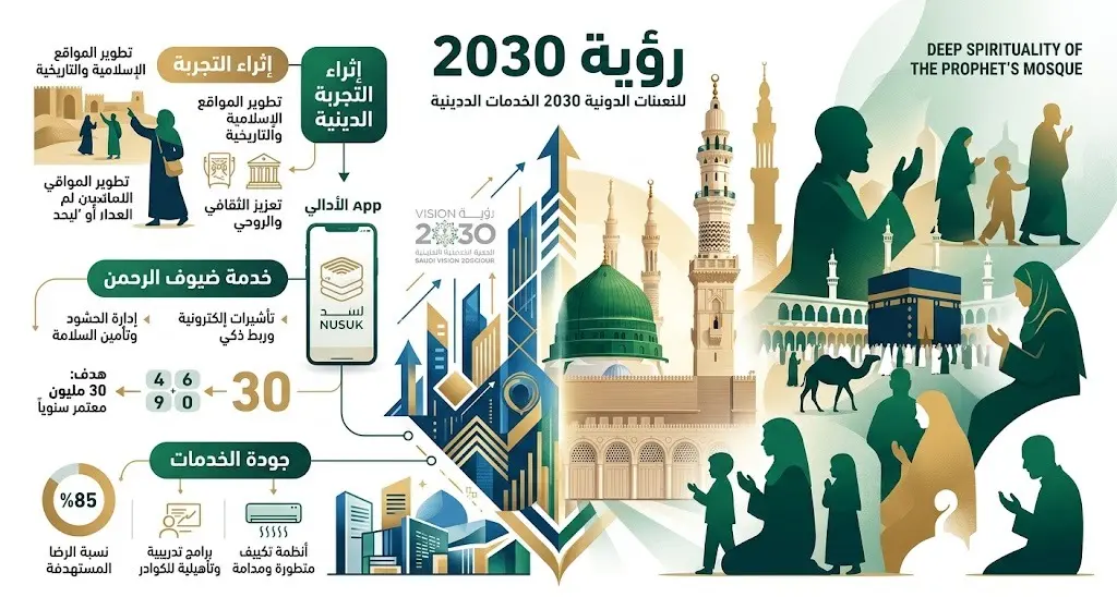 تصميم بصري يربط بين تطوير منظومة الخدمات الدينية في المسجد النبوي ومستهدفات رؤية السعودية 2030.