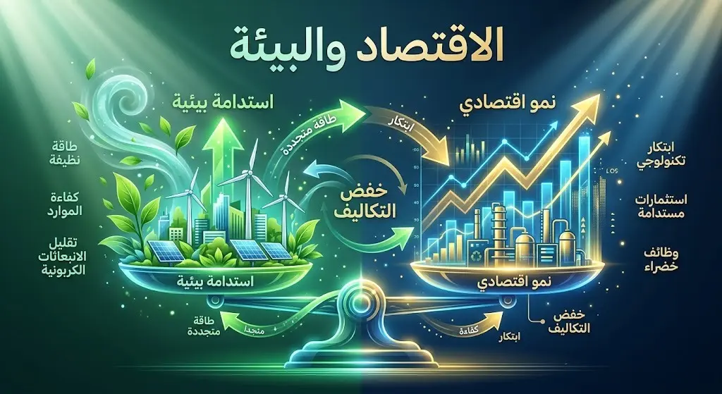 تصميم إبداعي يبرز التوازن بين الاستدامة البيئية والنمو الاقتصادي كعائد متوقع لتقنية معالجة الكربون.