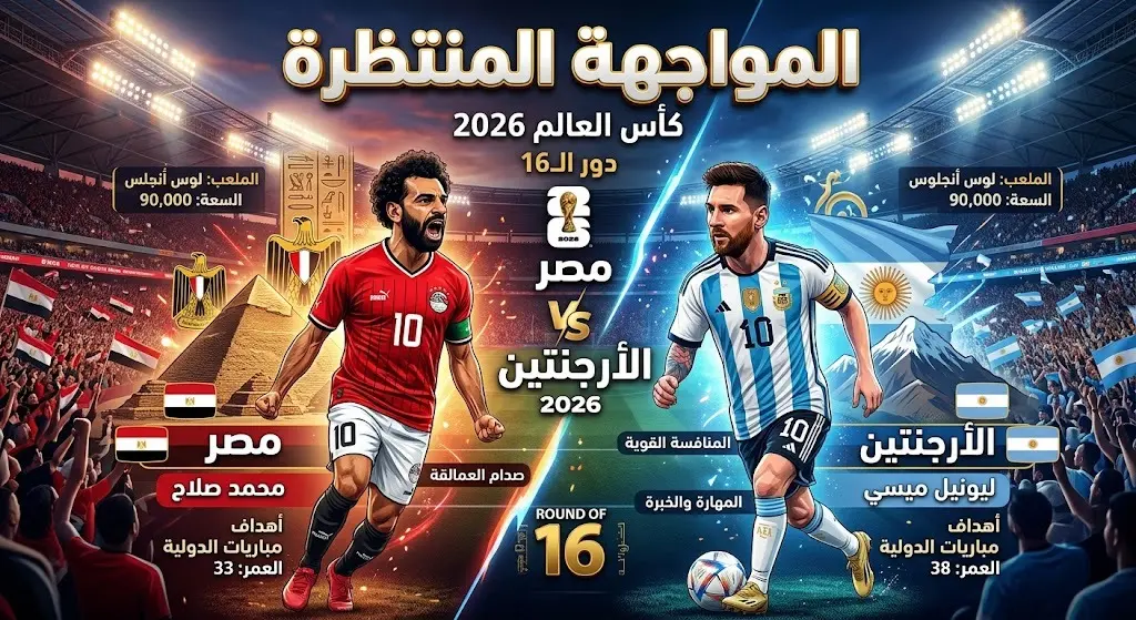 تصميم درامي يجمع بين محمد صلاح وليونيل ميسي بقمصان منتخبي مصر والأرجنتين، تمهيداً لمواجهتهما المرتقبة في دور الـ16 من كأس العالم 2026.