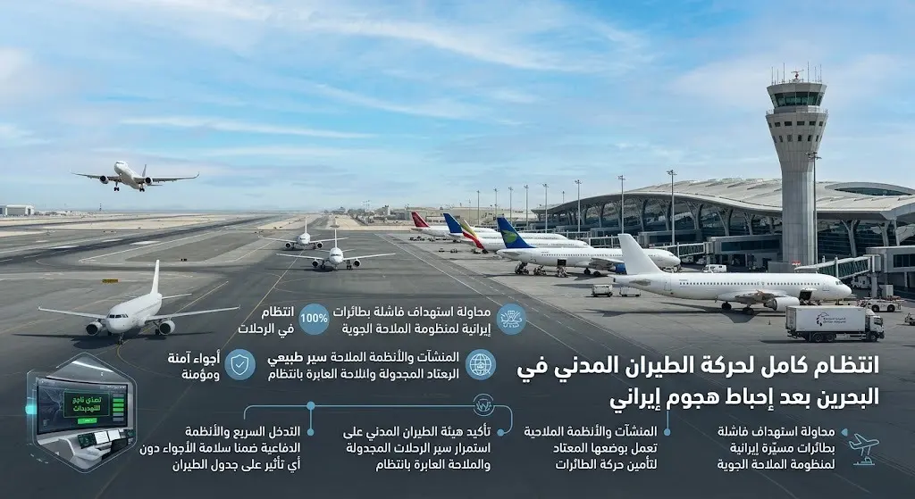 البحرين تعلن انتظام حركة الطيران المدني بعد إحباط هجوم إيراني بطائرات مسيرة
