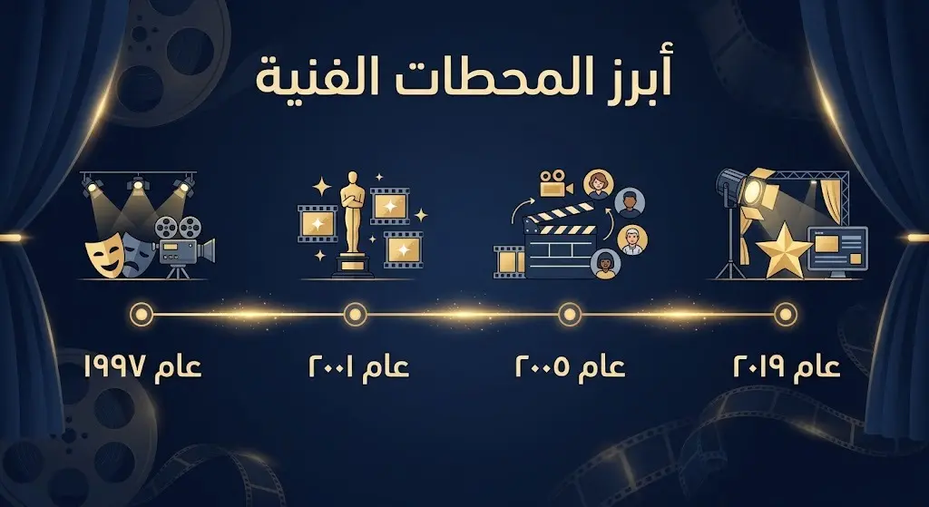 إنفوجرافيك زمني أنيق يستعرض أبرز المحطات الفنية في مسيرة الممثل أحمد جلال عبد القوي، متضمناً أهم سنوات نشاطه من 1997 وحتى 2019.