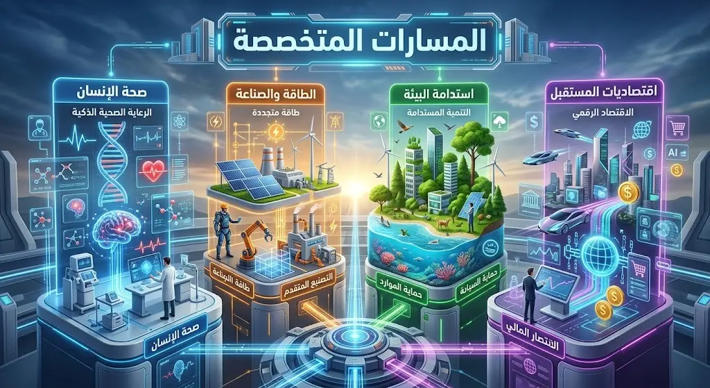 إنفوجرافيك إبداعي يستعرض المسارات الأربعة لبرنامج صيف موهبة وهي صحة الإنسان، الطاقة والصناعة، استدامة البيئة، واقتصاديات المستقبل بتصميم عصري.