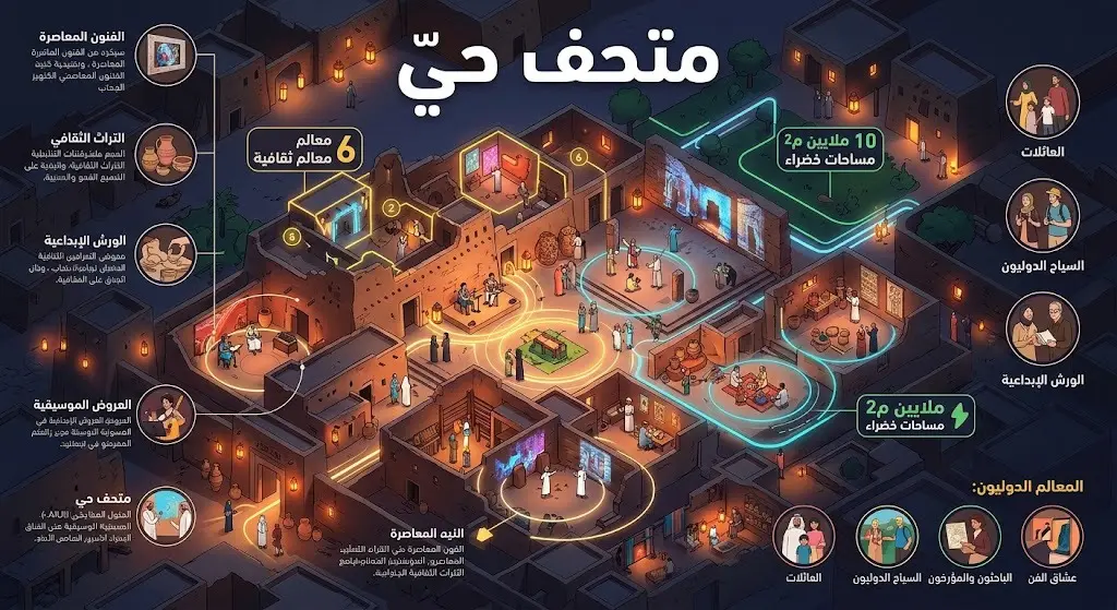 مشهد بياني إبداعي يستعرض البرامج الثقافية والمخططات المستقبلية لتحويل البلدة القديمة في العُلا إلى متحف حي متكامل.