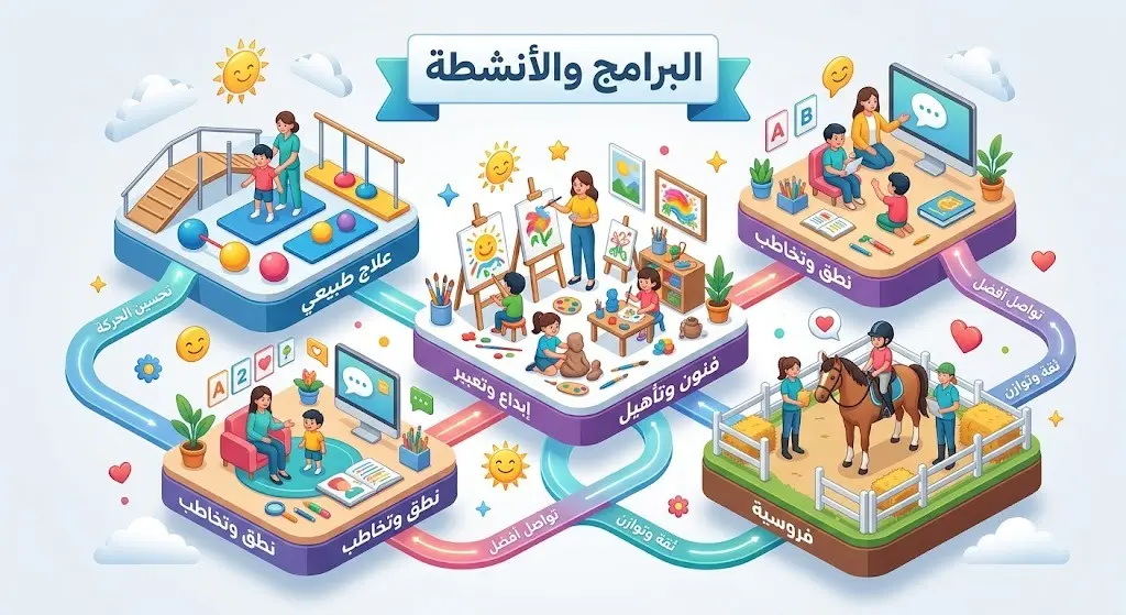 تصميم بصري إبداعي يستعرض البرامج والأنشطة المتخصصة في الملتقى، مثل العلاج الطبيعي والتخاطب وبرامج الفروسية وتنمية الفنون للأطفال ذوي الإعاقة.