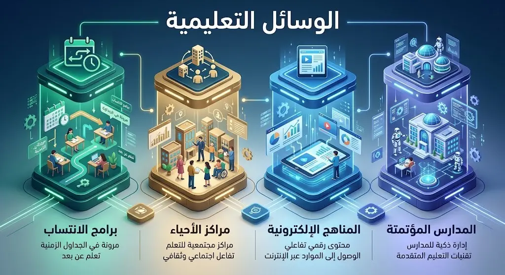 رسم معلوماتي يستعرض البرامج والوسائل التعليمية الأربعة المعتمدة للدارسين ضمن نظام التعليم المستمر.