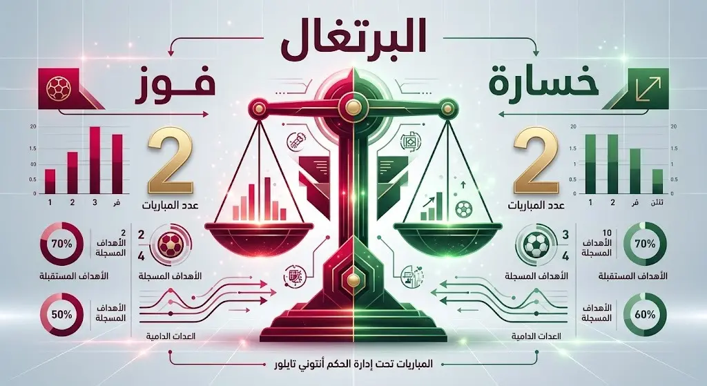 تصميم بياني يبرز توازن نتائج المنتخب البرتغالي مع الحكم تايلور بانتصارين وخسارتين