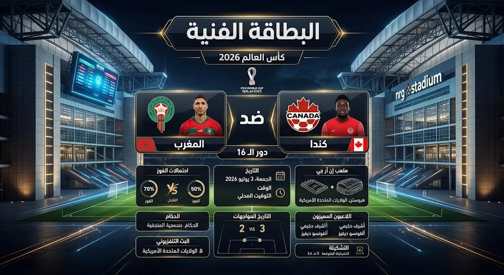 بطاقة فنية بتصميم عصري وأنيق تلخص تفاصيل مباراة المغرب وكندا، تتضمن اسم الملعب والمرحلة الإقصائية لبطولة كأس العالم 2026 بخطوط عربية واضحة.