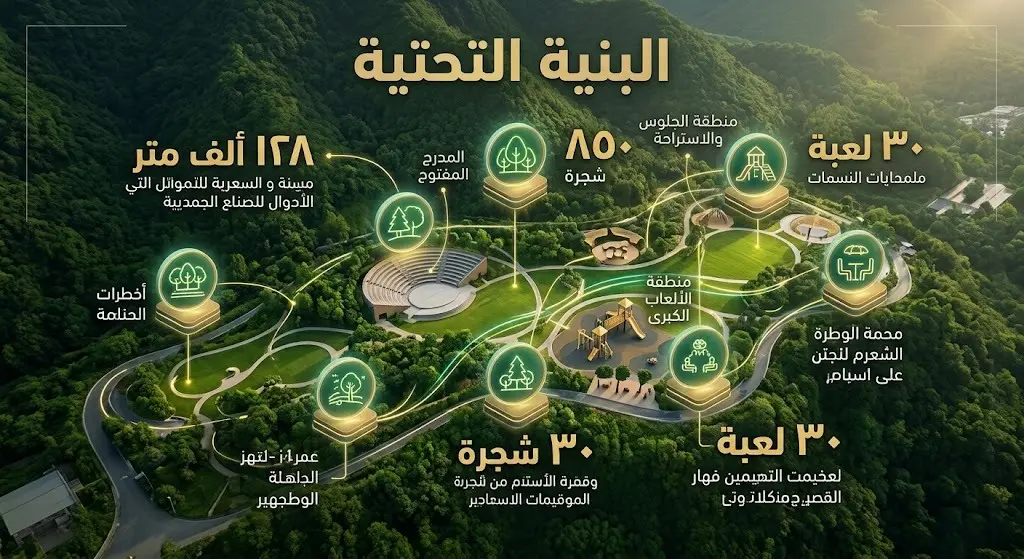 إنفوجرافيك تفاعلي يستعرض إحصائيات البنية التحتية والمرافق في متنزه الثروة الوطني بالقرى، متضمناً المساحات الخضراء، الأشجار، والمرافق الترفيهية.