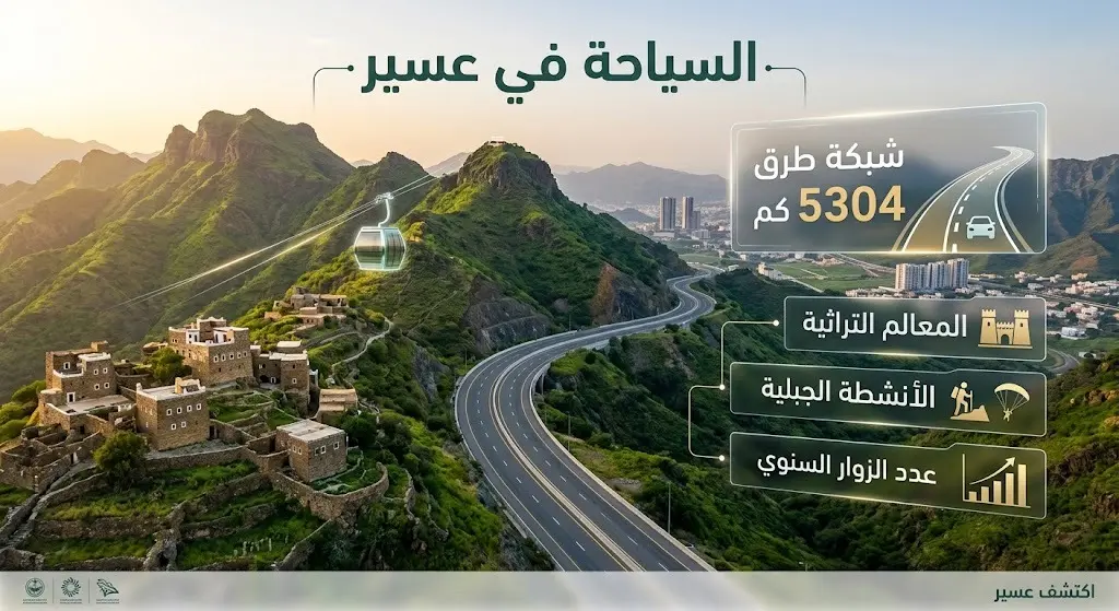 تصميم بصري يدمج بين طبيعة عسير الجبلية وقراها التراثية مع شبكة طرق حديثة، مزود بلوحات بيانات إحصائية حول البنية التحتية.