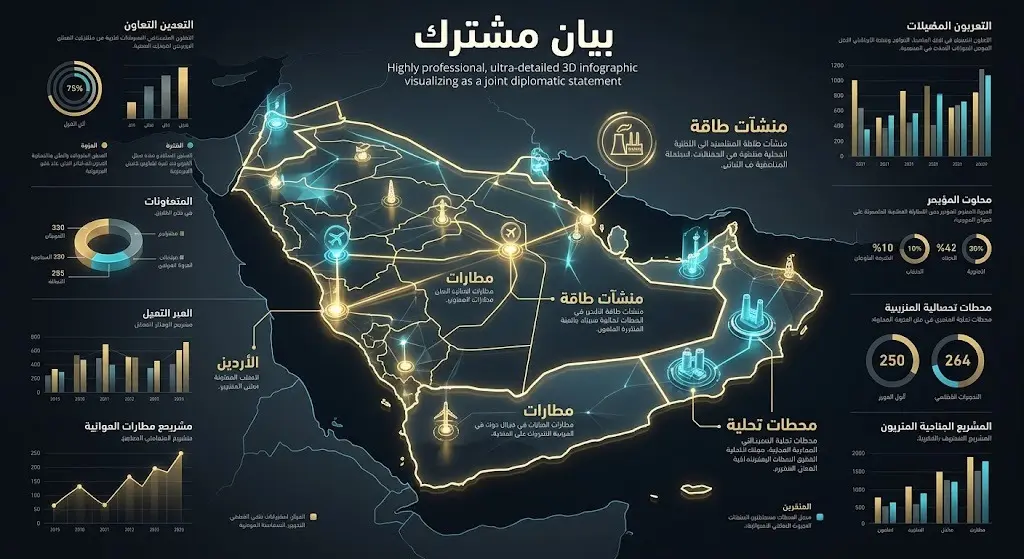 خريطة إنفوجرافيك تفاعلية ثلاثية الأبعاد تبرز دول الخليج والأردن، مع أيقونات تسلط الضوء على استهداف منشآت الطاقة ومحطات التحلية المدنية.
