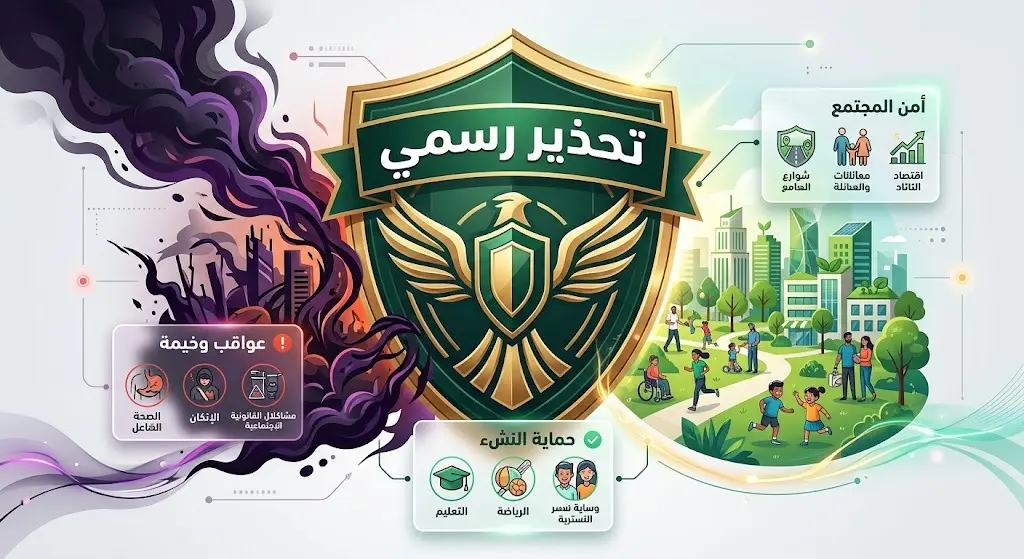 تصميم تعبيري يبرز بيان وزارة الداخلية والتحذير الشديد من عواقب تلقي وترويج المخدرات وتأثيرها المدمر