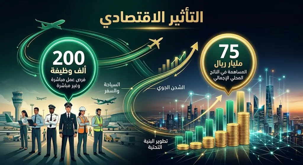 تصميم بياني يبرز التأثير الاقتصادي المستهدف لطيران الرياض وتوفير 200 ألف وظيفة