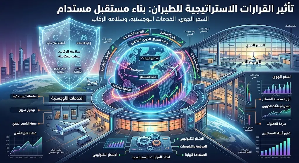 تصميم بصري تعبيري يبرز تأثير القرارات الإستراتيجية للمنظمة على رفع مستوى أمن وسلامة الطيران وتطوير الخدمات اللوجستية.