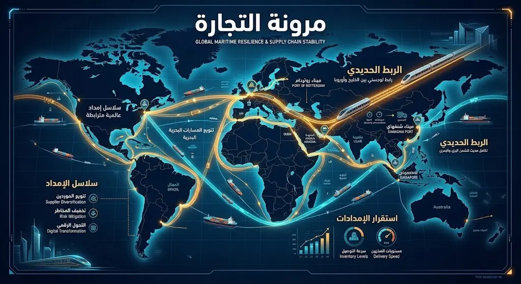 رسم تعبيري يظهر مسارات التجارة البحرية ومشروع الربط الحديدي بين الخليج وأوروبا لتعزيز مرونة سلاسل الإمداد.