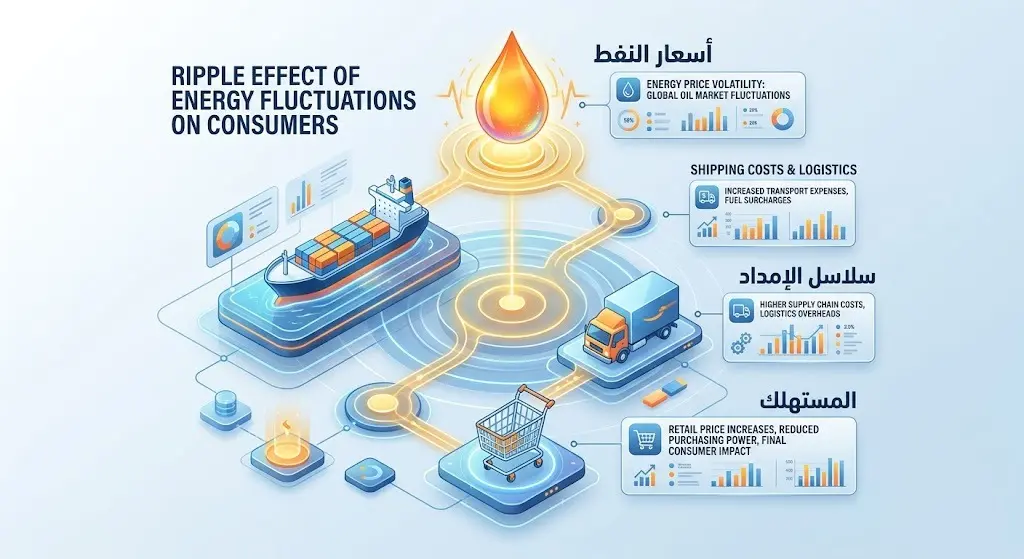 إنفوجرافيك يجسد سلسلة التأثيرات الناتجة عن تقلبات أسعار الطاقة بدءاً من تكاليف الشحن وسلاسل الإمداد وصولاً إلى أسعار السلع الاستهلاكية.