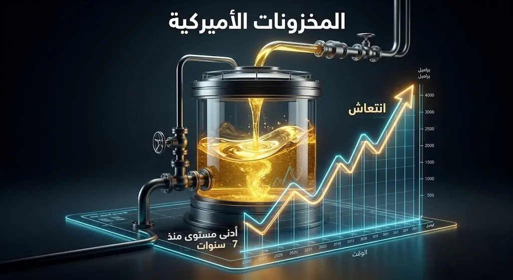 تصميم بياني تعبيري يظهر امتلاء خزانات النفط مع مؤشرات صعودية، لبيان أثر الإمدادات السعودية على المخزون الأميركي.