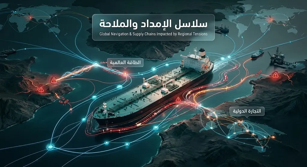 تصميم ثلاثي الأبعاد يجسد سفينة شحن تجارية تمر عبر ممر مائي ضيق مع خطوط بيانية مضيئة تمثل تأثر سلاسل الإمداد والتجارة العالمية.