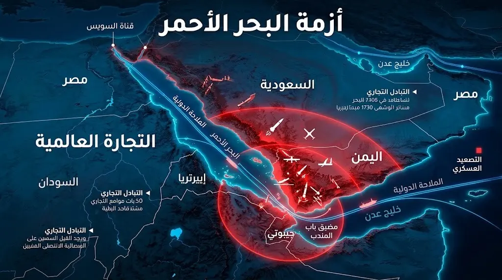 إنفوجرافيك لخرائط البحر الأحمر يوضح طرق الملاحة والمناطق المتأثرة بالتصعيد العسكري