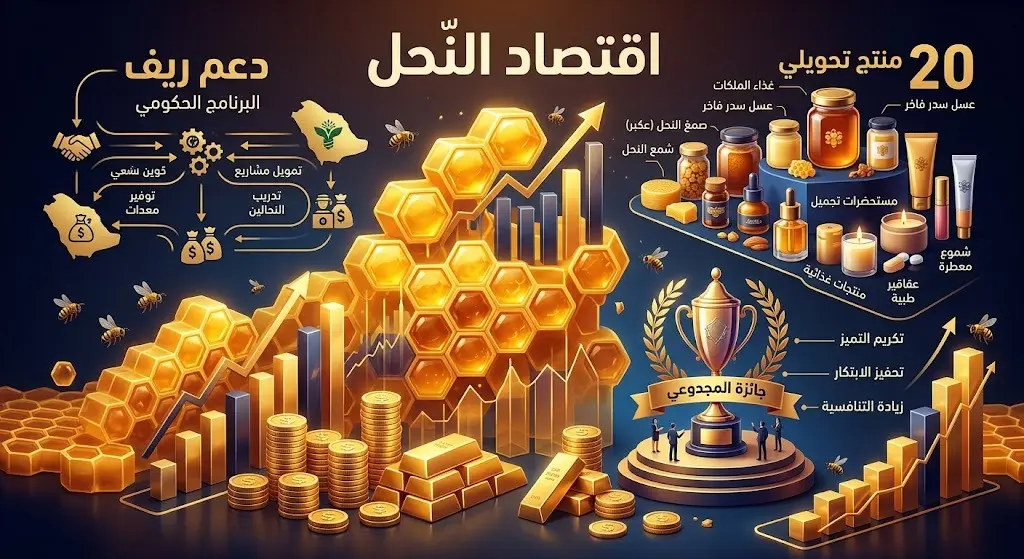 مشهد بصري وتصميم بياني يجسد الأثر الاقتصادي لقطاع العسل، تظهر فيه خلايا النحل وهي تتحول إلى مؤشرات نمو مالي ومنتجات تحويلية مع نصوص توضح برامج الدعم مثل ريف.