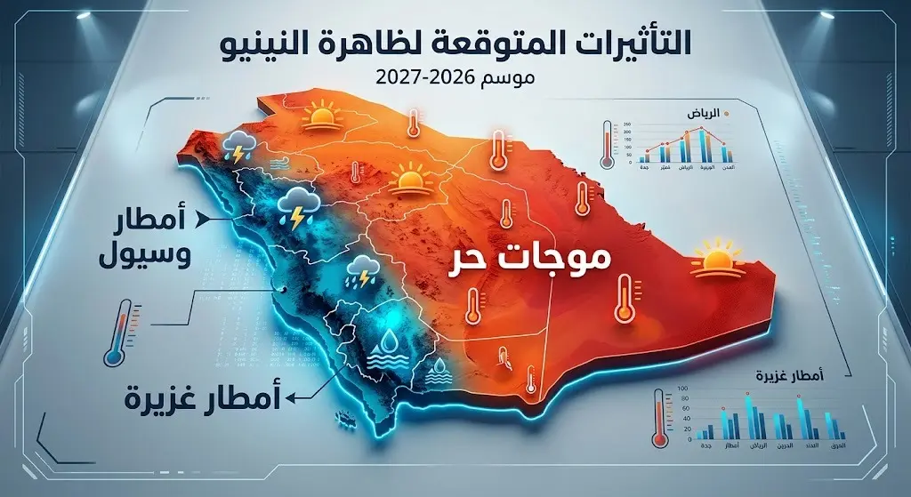 إنفوجرافيك مناخي يوضح التأثيرات المتوقعة لظاهرة النينيو على مناطق المملكة العربية السعودية، مبرزاً مناطق هطول الأمطار والسيول في الغرب والجنوب وموجات الحر الشاملة.