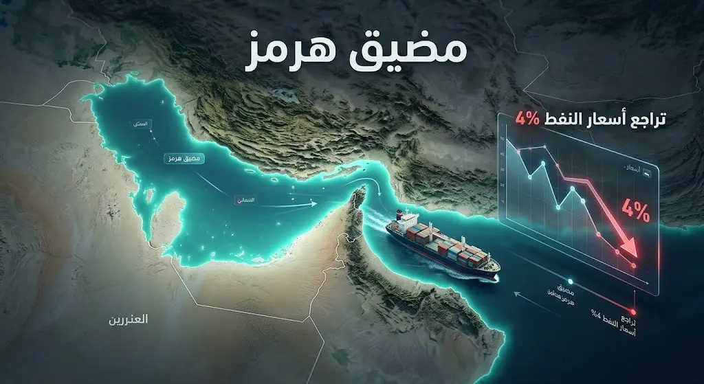 إنفوجرافيك يوضح خريطة مضيق هرمز مع سفينة شحن تجارية ومؤشر مالي يبرز تراجع أسعار النفط بنسبة 4 بالمئة