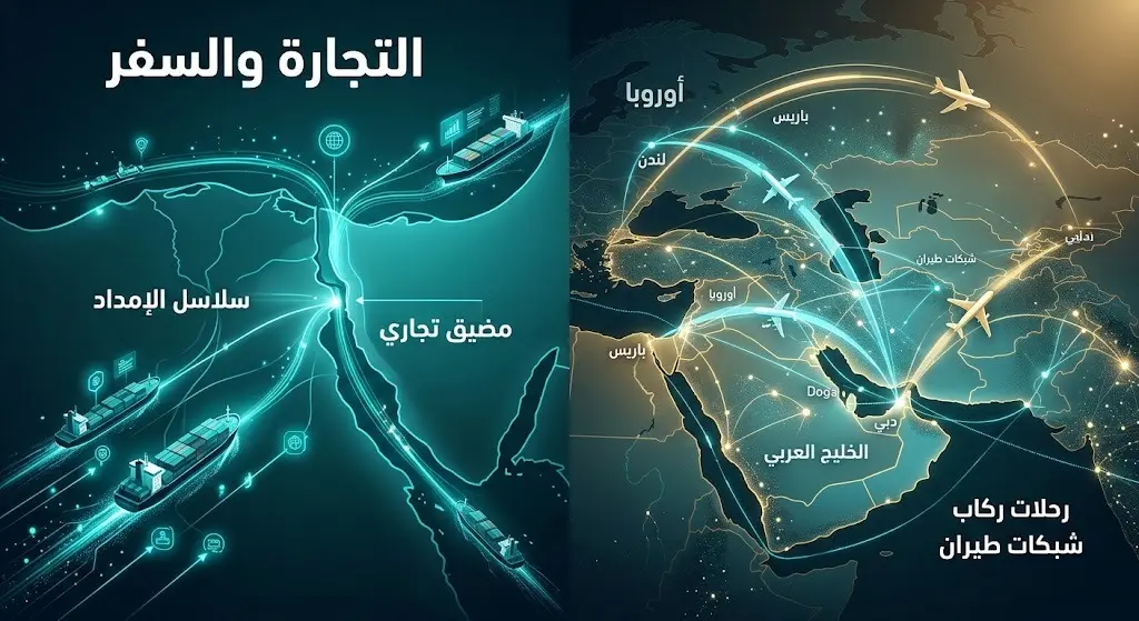 تصميم بصري يدمج بين خطوط الملاحة البحرية وسلاسل الإمداد التجارية، ومسارات السفر الجوي بين الخليج وأوروبا