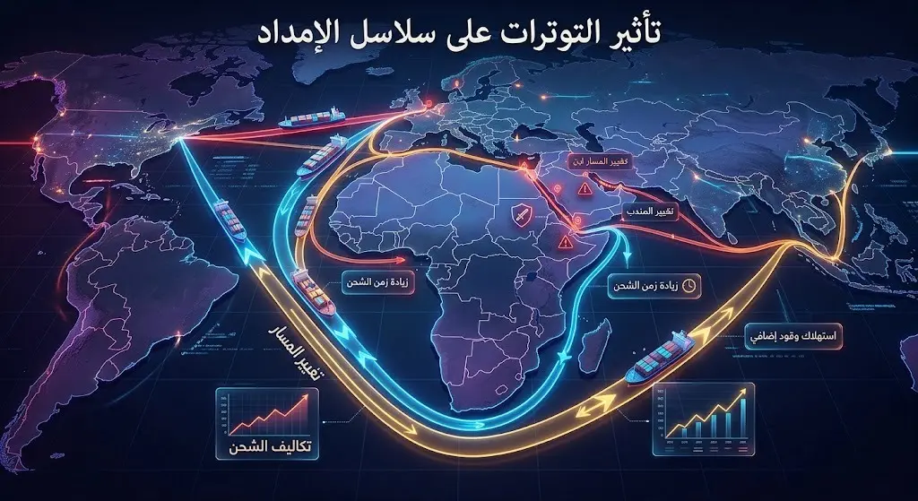 إنفوجرافيك يوضح تأثير التوترات الأمنية في محيط اليمن على مسارات السفن التجارية وتكاليف سلاسل الإمداد العالمية.